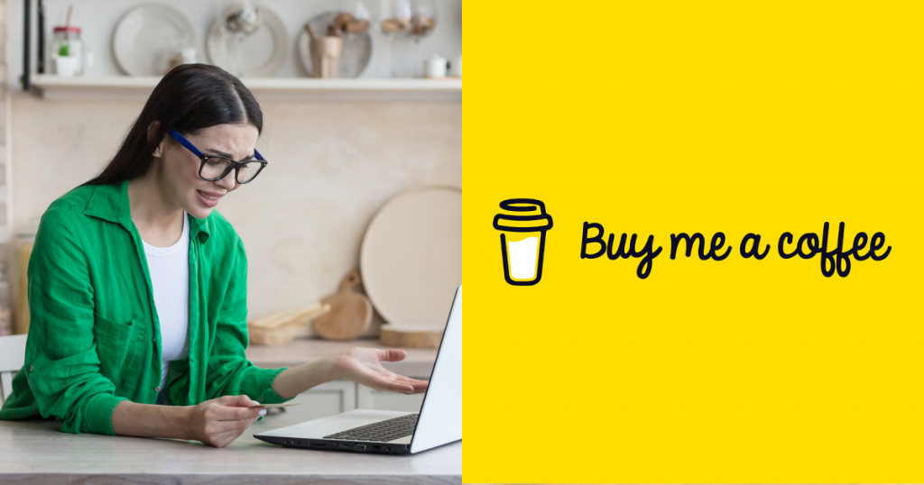 дівчина розлючена біля ноутбука, Buy Me a Coffee