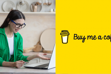 дівчина розлючена біля ноутбука, Buy Me a Coffee