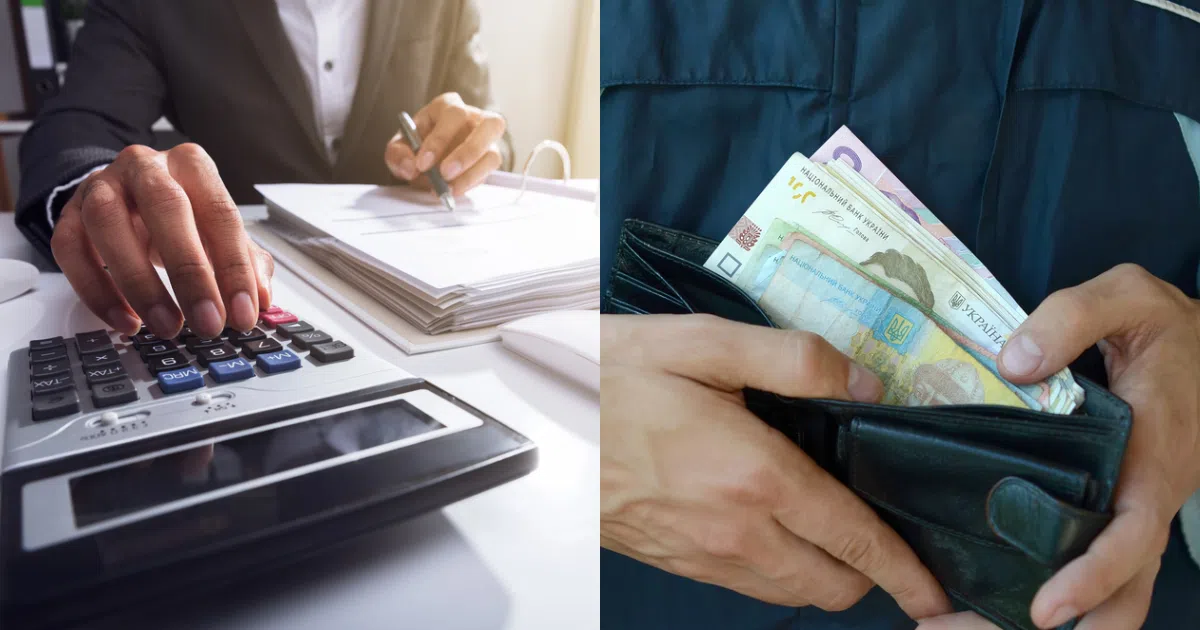 Жінка рахує на калькуляторі, чоловік тримає гаманець, колаж