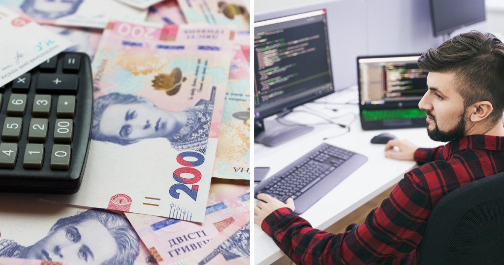 гривні і калькулятор, програміст у сорочці в клітку