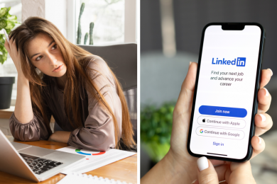 втомлена працівниця за ноутбуком, LinkedIn