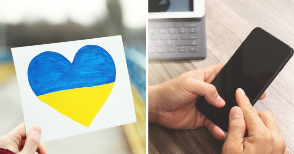 намальоване серце в українських кольорах. людина тримає телефон