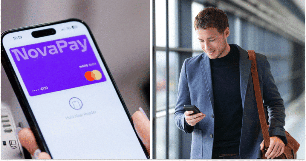NovaPay, чоловік зі смартфоном, колаж