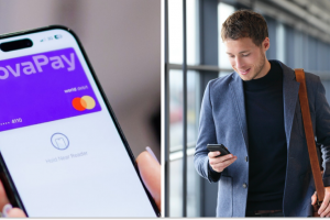 NovaPay, чоловік зі смартфоном, колаж