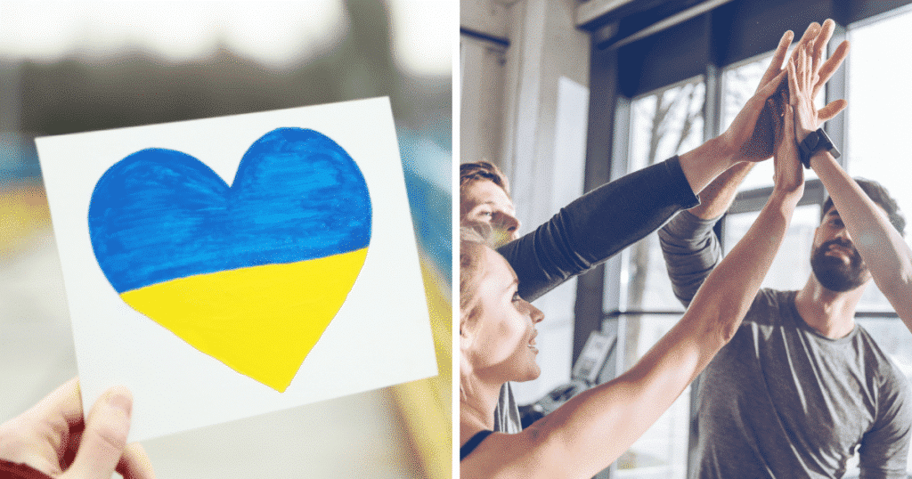 кольори українського прапора, компанія людей добре проводить час