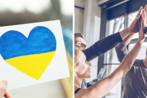 кольори українського прапора, компанія людей добре проводить час