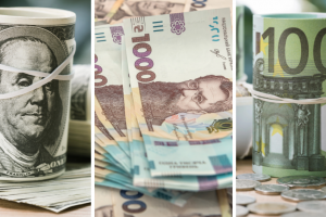 Долари, гривні, євро, колаж