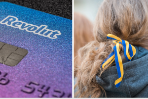 Картка Revolut, жінка із синьо-жовтою стрічкою, колаж