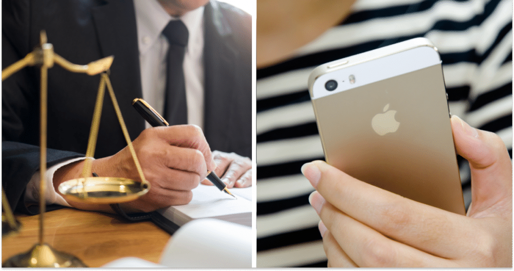Судовий позов, жінка тримає iPhone, колаж