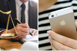 Судовий позов, жінка тримає iPhone, колаж