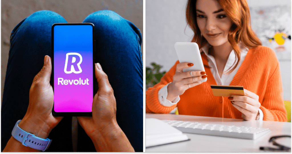 Застосунок Revolut, жінка з карткою та телефоном, колаж