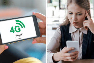 4G-з’єднання, жінка зі смартфоном, колаж