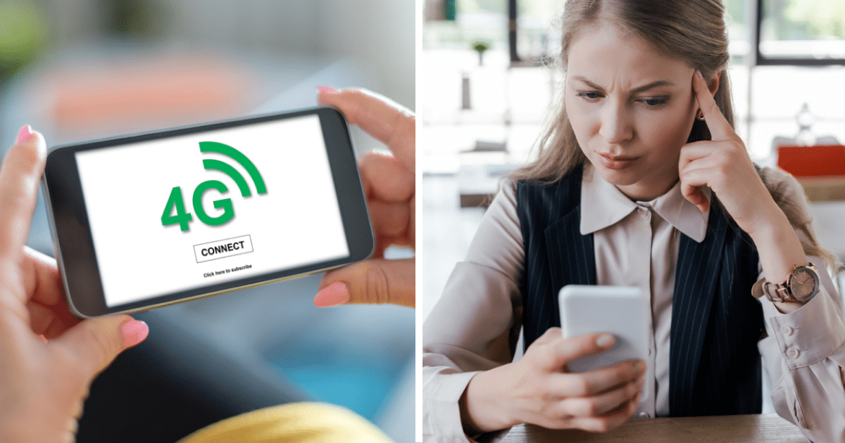 4G-з’єднання, жінка зі смартфоном, колаж