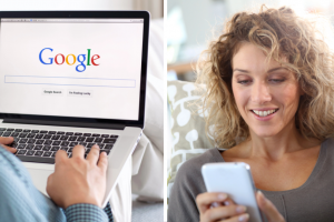 Пошук в Google, жінка зі смартфоном, колаж