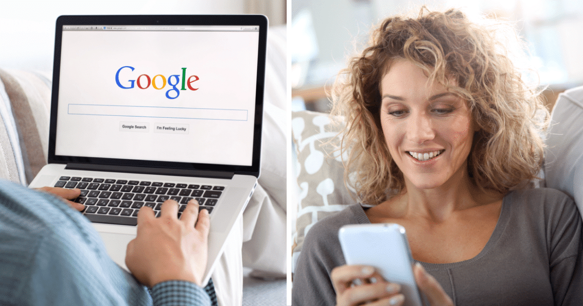 Пошук в Google, жінка зі смартфоном, колаж
