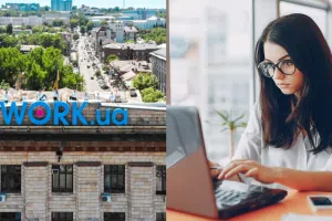 Work.ua логотип, дівчина за ноутбуком