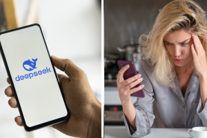 DeepSeek, жінка зі смартфоном, колаж