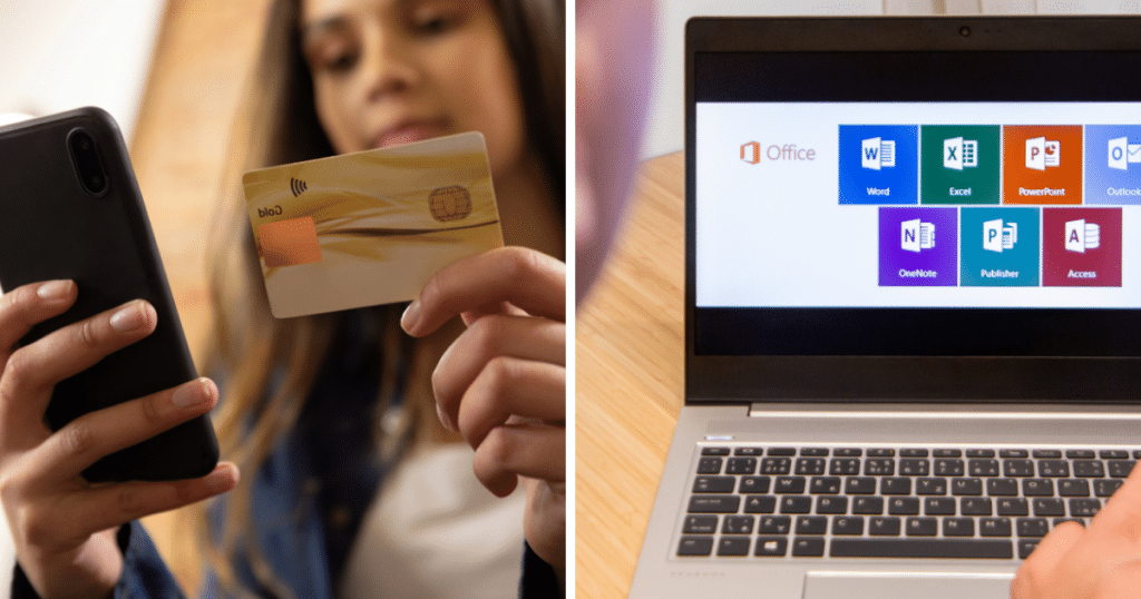 Жінка з карткою і телефоном, Microsoft 365, колаж