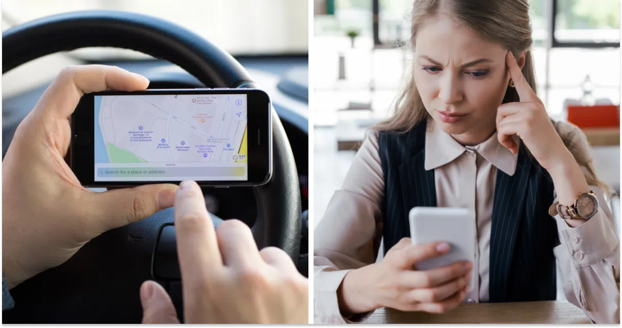 Apple Maps, жінка зі смартфоном, колаж
