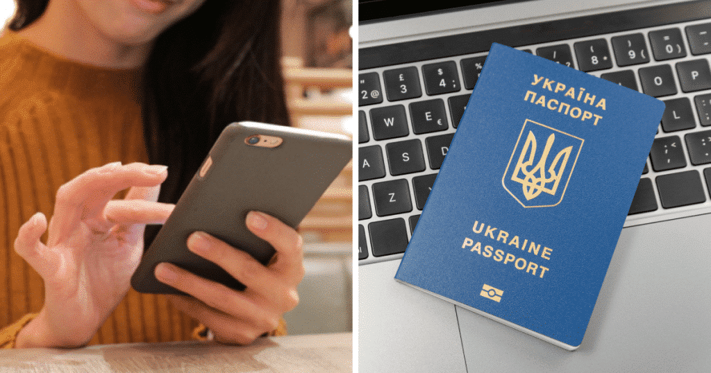 дівчина тримає телефон, паспорт України