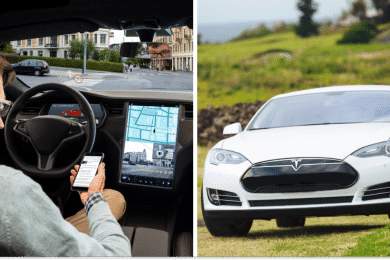 Водій в автівці, Tesla, колаж