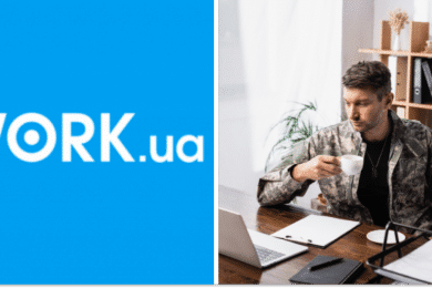 Лого Work.ua, чоловік у військовій формі, колаж