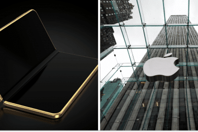 Складаний смартфон – фотоконцепт, офіс Apple, колаж