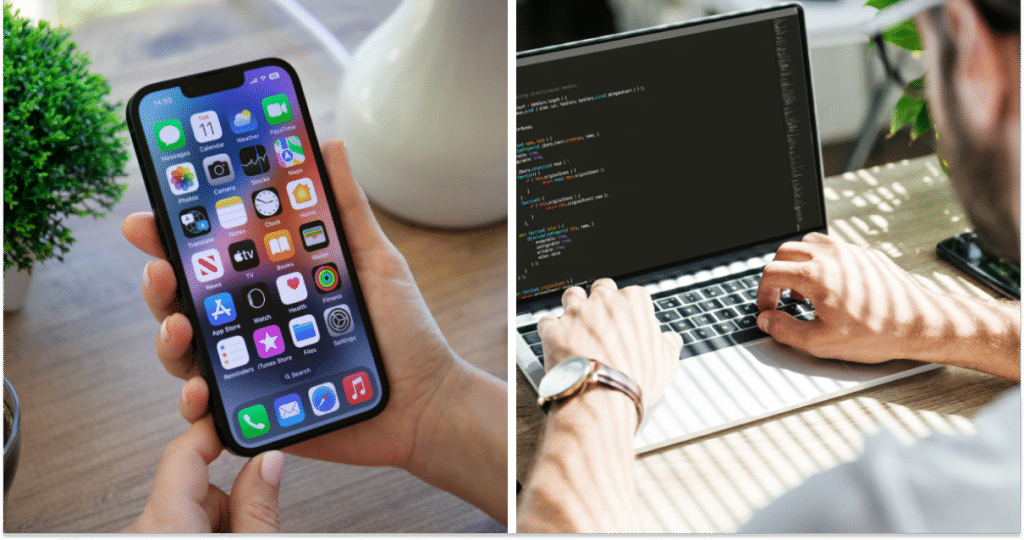 iPhone, програміст за роботою, колаж