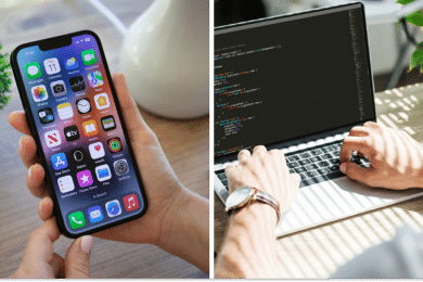 iPhone, програміст за роботою, колаж