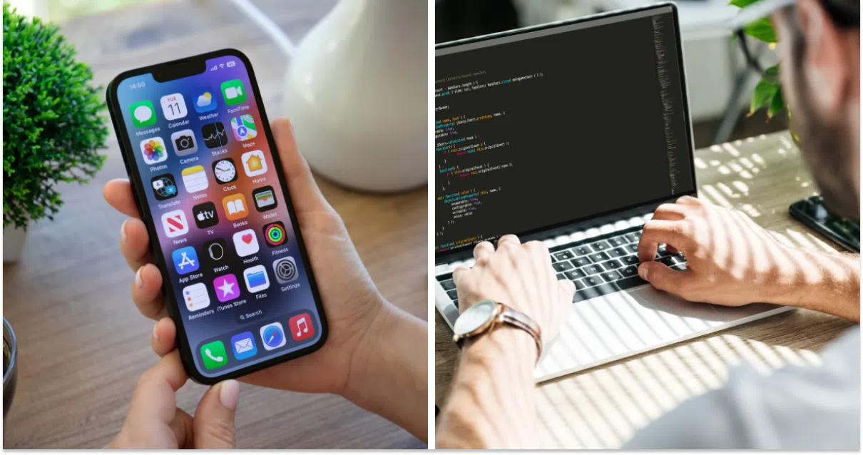 iPhone, програміст за роботою, колаж