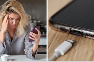 Жінка зі смартфоном, смартфон і зарядний пристрій, колаж