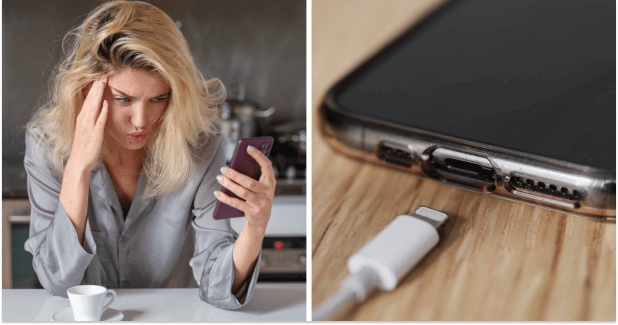 Жінка зі смартфоном, смартфон і зарядний пристрій, колаж