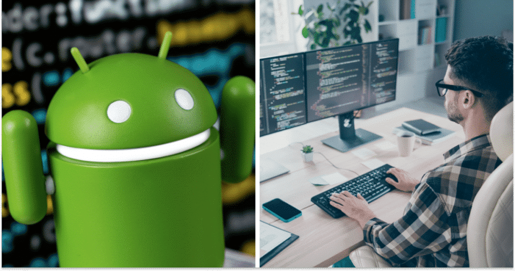 Android – фотоконцепт, розробник за роботою, колаж