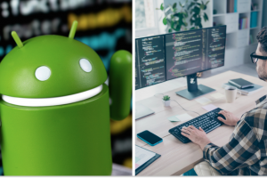 Android – фотоконцепт, розробник за роботою, колаж