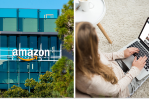 Офіс Amazon, жінка обирає товари на Amazon, колаж