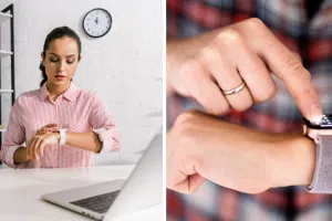 Жінка дивиться на смартгодинник, Apple Watch, колаж