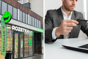 магазин Rozetka, чоловік у костюмі з карткою і ноутбуком