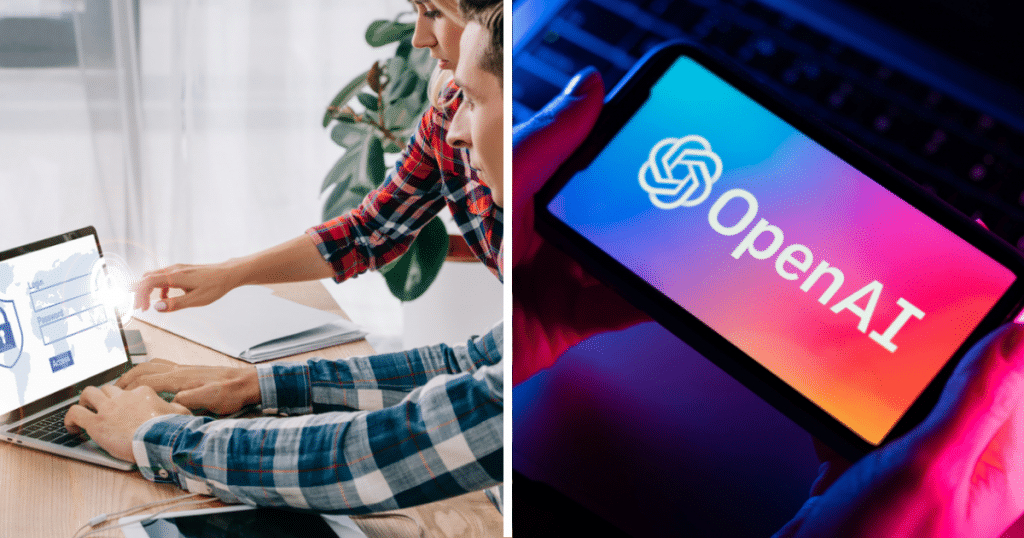 Обмежений доступ на ноутбуці, лого OpenAI на екрані смартфона, колаж