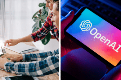 Обмежений доступ на ноутбуці, лого OpenAI на екрані смартфона, колаж